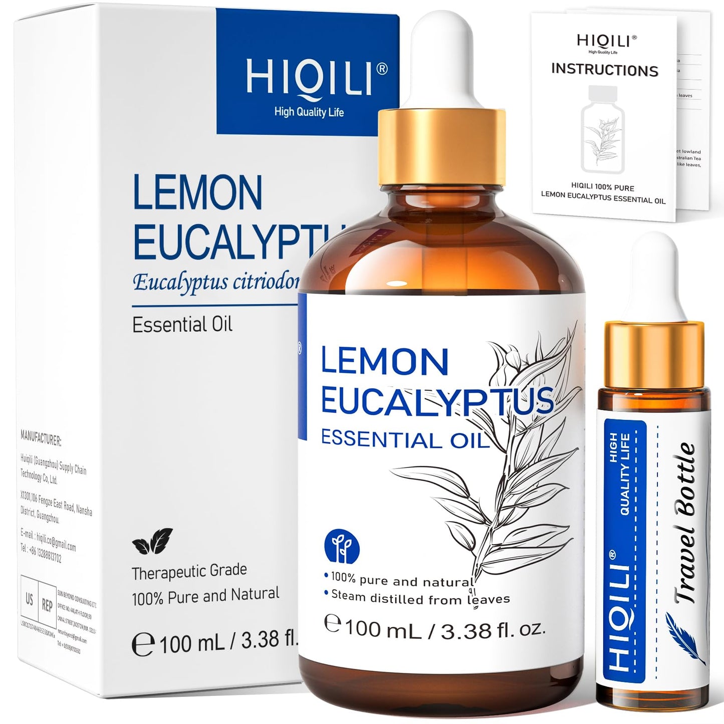 HIQILI Lemon Eucalyptus Oil - 100 ml (3.38 Fl Oz) Pure Essential Oil for Diffuser & Spray