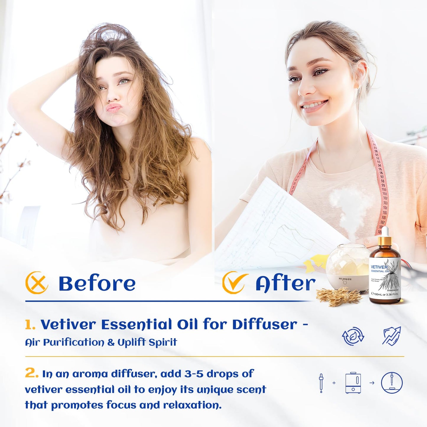 HIQILI Vetiver Essential Oil 100ml – 100% Pure, Natural, Calm & Diffuser (3.38 Fl Oz)