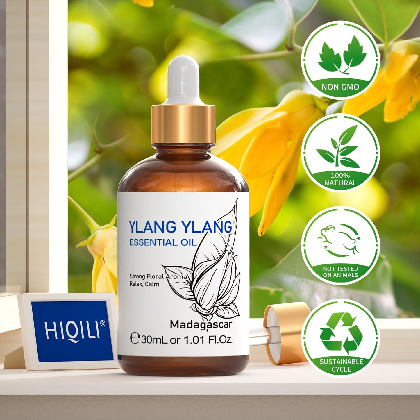 HIQILI Ylang-Ylang Essential Oil - Long-Lasting Scent for Diffusers, Perfumes & Aromatherapy 1.01 Fl Oz