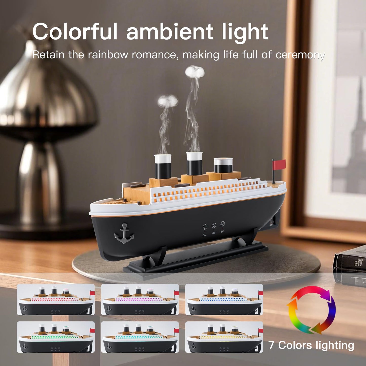 HIROGA Titanic Humidifier 250ml – Ultrasonic Diffuser with Remote, 7 LED Lights, 2 Mist Modes & Auto Shut-Off (Black/White)