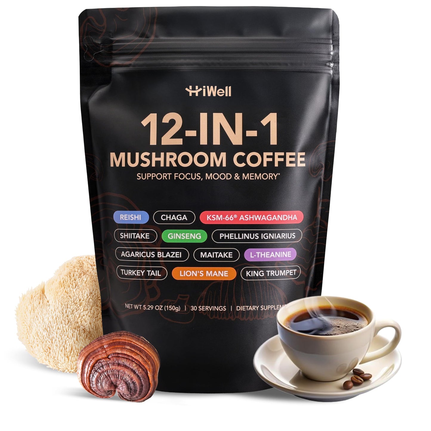 HiWell 12-in-1 Mushroom Coffee - Organic Ginseng, Lion's Mane, Low Caffeine