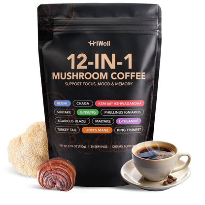 HiWell 12-in-1 Mushroom Coffee - Organic Ginseng, Lion's Mane, Low Caffeine