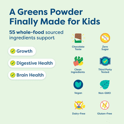 HIYA Kids Greens Powder Sticks - 55 Whole-Food Ingredients (Chocolate)