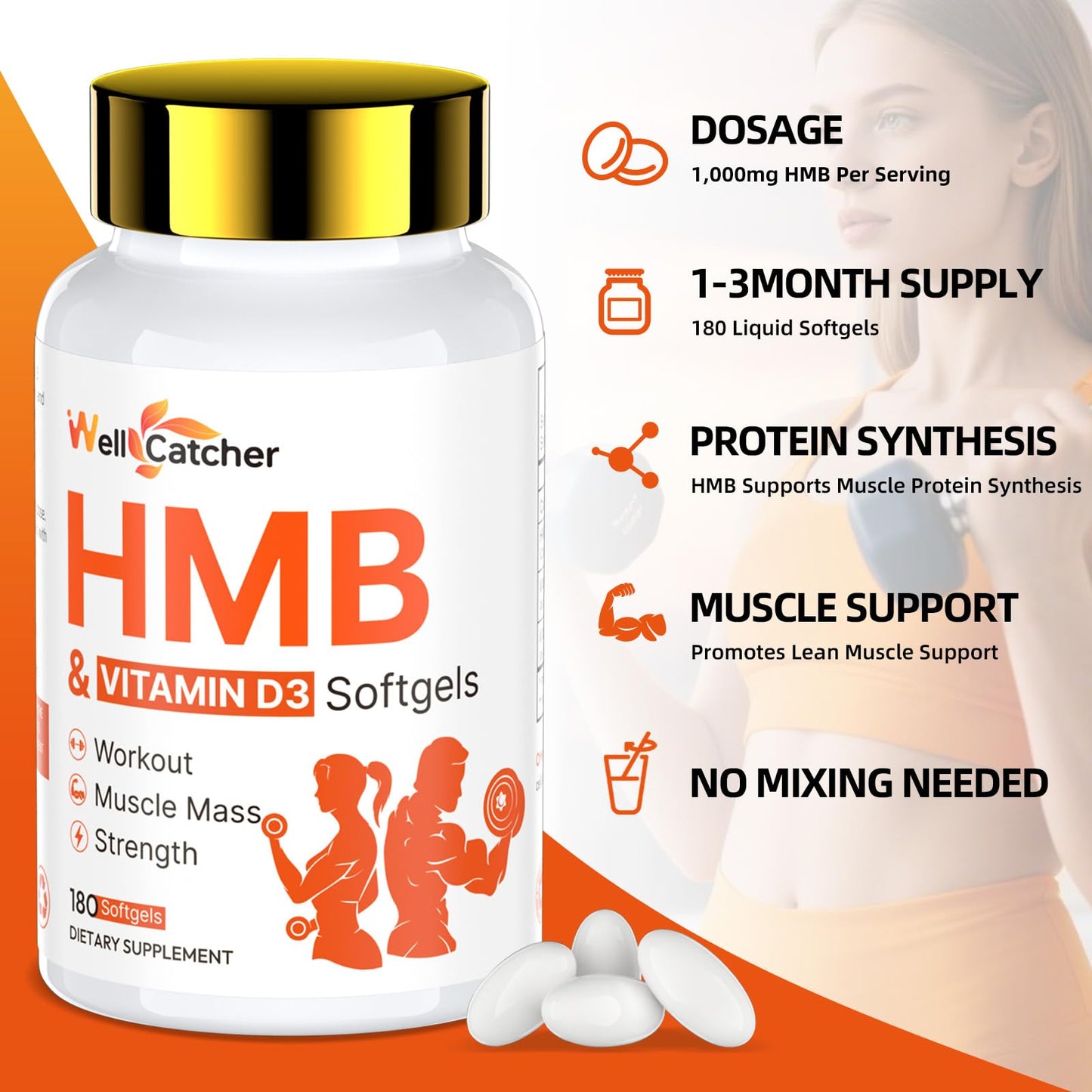 HMB 1000MG with D3 Capsules – Supports Muscle Growth & Recovery (180 Count)