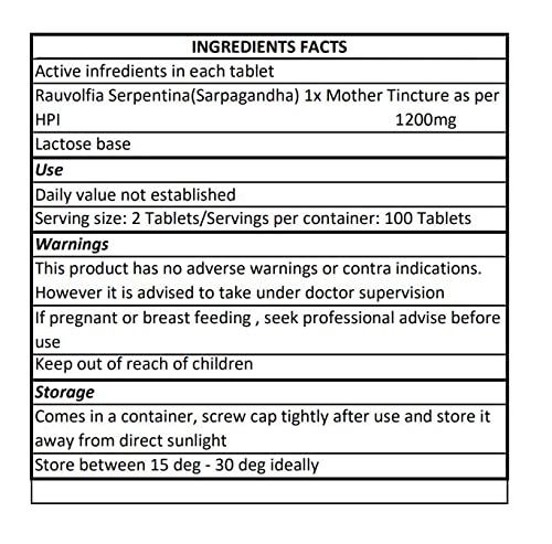 Rauwolfia Serpentina 1X Homeopathy Tablets – Sarpagandha Mother Tincture | Pack of 3 (300 Tabs) | HMS Brand