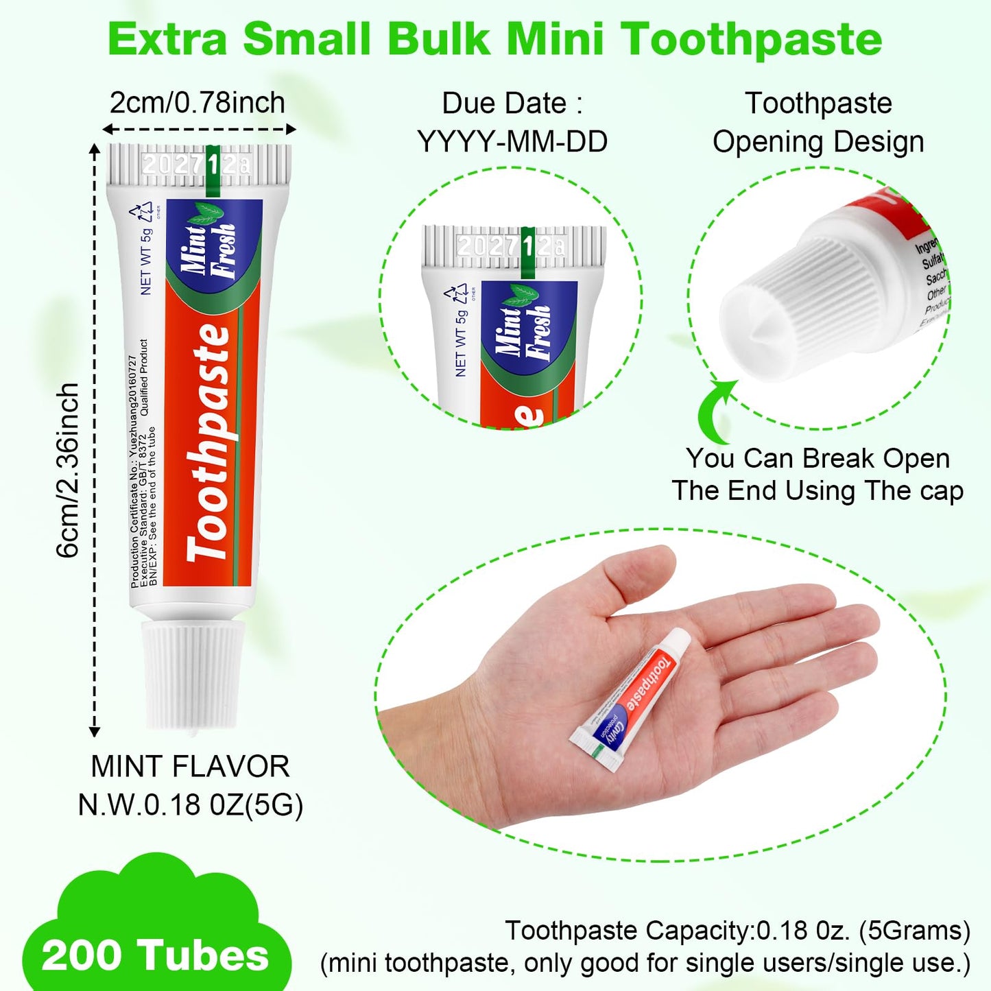 HOFASON 200 Tubes Travel Size Toothpaste Bulk Pack – 0.18 oz Peppermint (2.28 x 0.78 in)