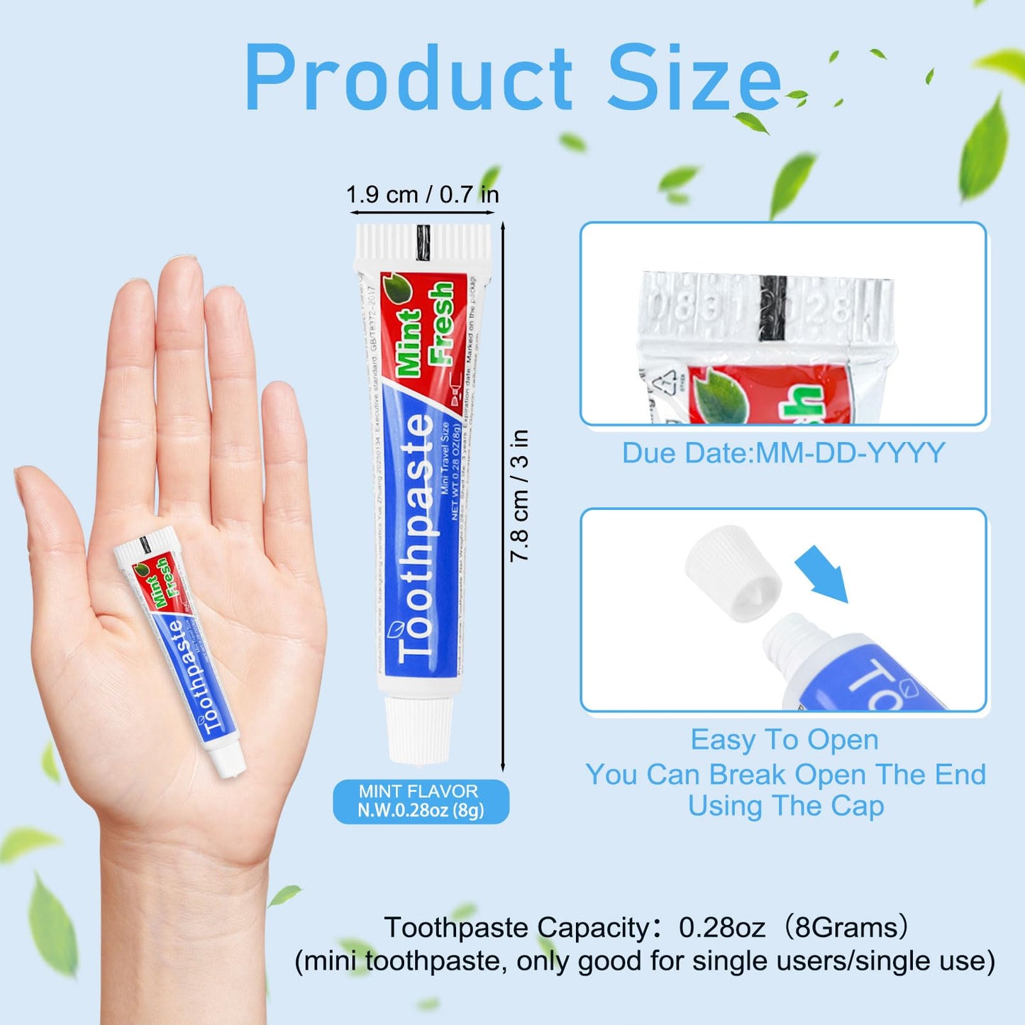 HOIQIRY 0.28 oz Travel Size Toothpaste Bulk — 30 Mint Mini Tubes, Single-Use