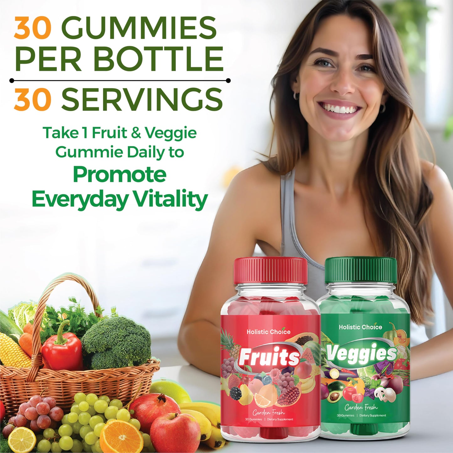 Holistic Choice Fruits & Veggies Gummies - Dual Pack Vitamin Gummies for Adults & Kids | Made in USA