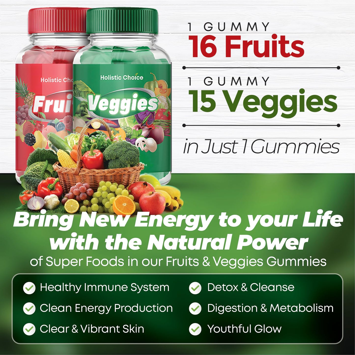 Holistic Choice Fruits & Veggies Gummies - Dual Pack Vitamin Gummies for Adults & Kids | Made in USA