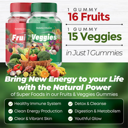 Holistic Choice Fruits & Veggies Gummies - Dual Pack Vitamin Gummies for Adults & Kids | Made in USA