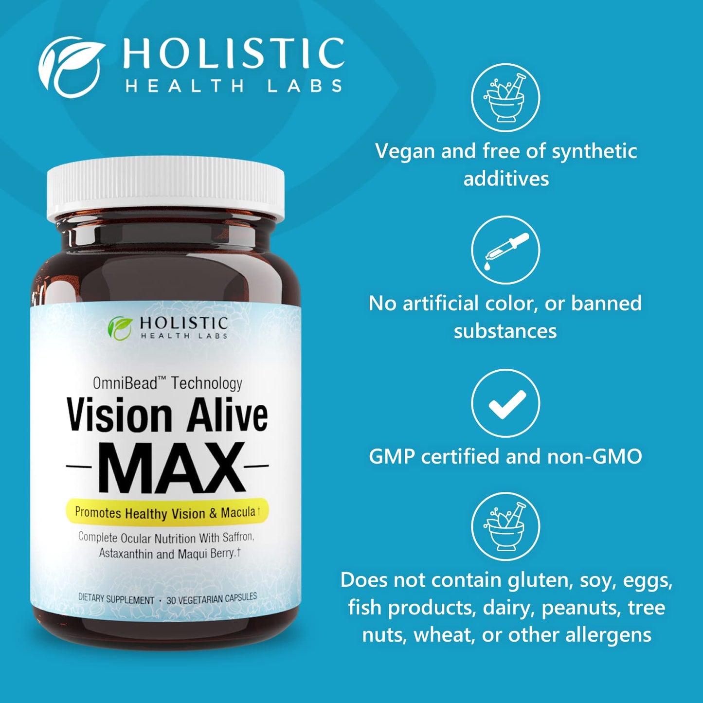 Holistic Health Labs Vision Alive Max – 8 Natural Eye Health Ingredients (Lutemax 2020, Bilberries, Blueberries, C3G from Black Currant, Maqui Berry, Saffron, Astaxanthin) – Pack of 3