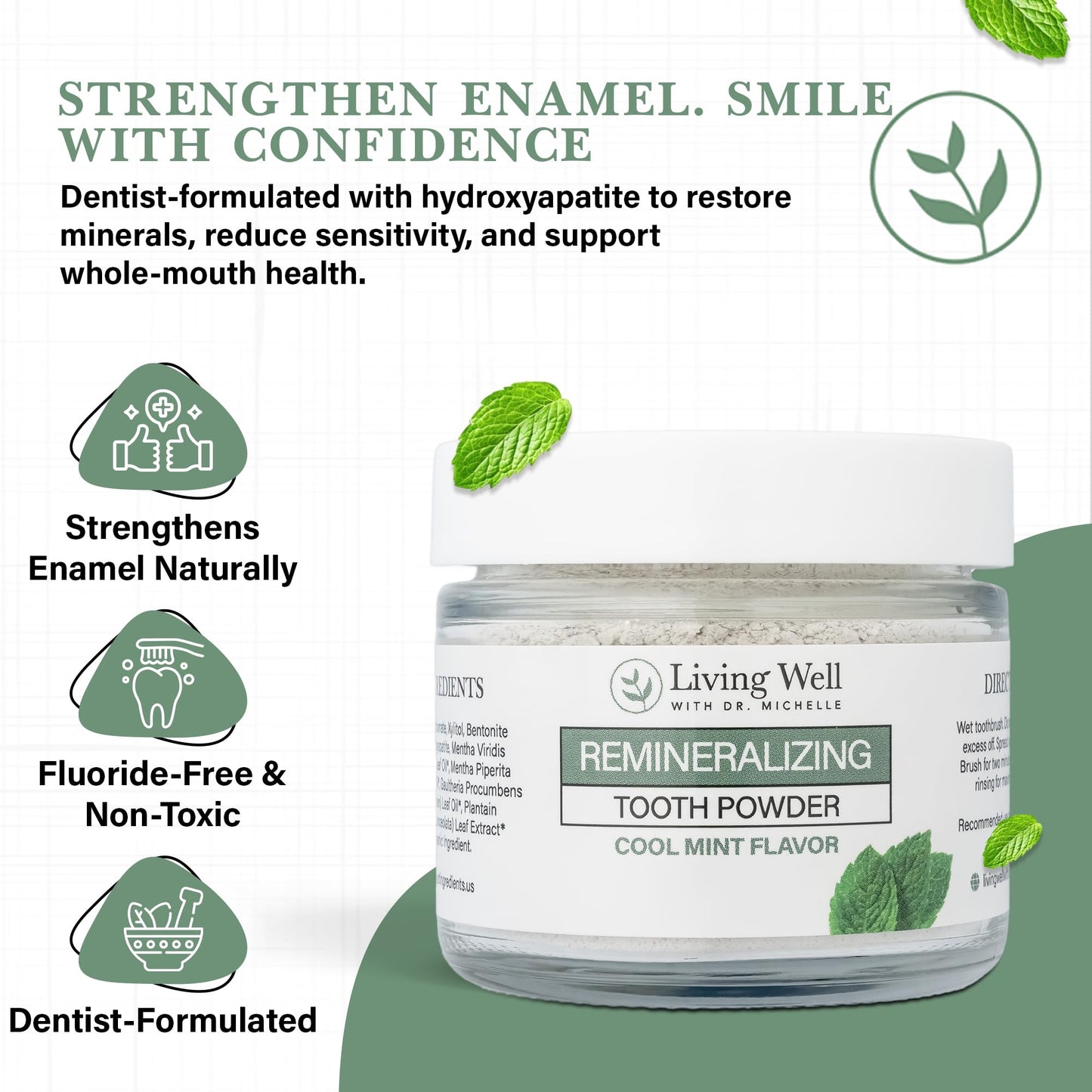 Living Well with Dr. Michelle Remineralizing Tooth Powder | Fluoride-Free Hydroxyapatite Formula | Supports Enamel Strength & Oral Wellness | Safe, Clean Ingredients | Cool Mint Flavor
