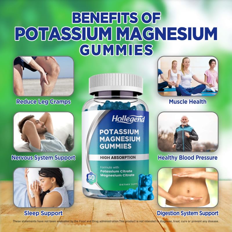 HOLLEGEND Potassium Magnesium Gummies | High Absorption Potassium Citrate 99mg & Magnesium Citrate 180mg – 60 Count