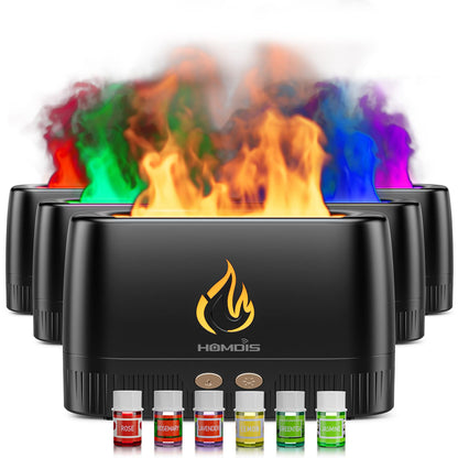 HOMDIS Essential Oil Diffusers & 6 Essential Oils Set | Quiet Flame Diffuser, 7 Color Modes, Auto Shut-Off, Black