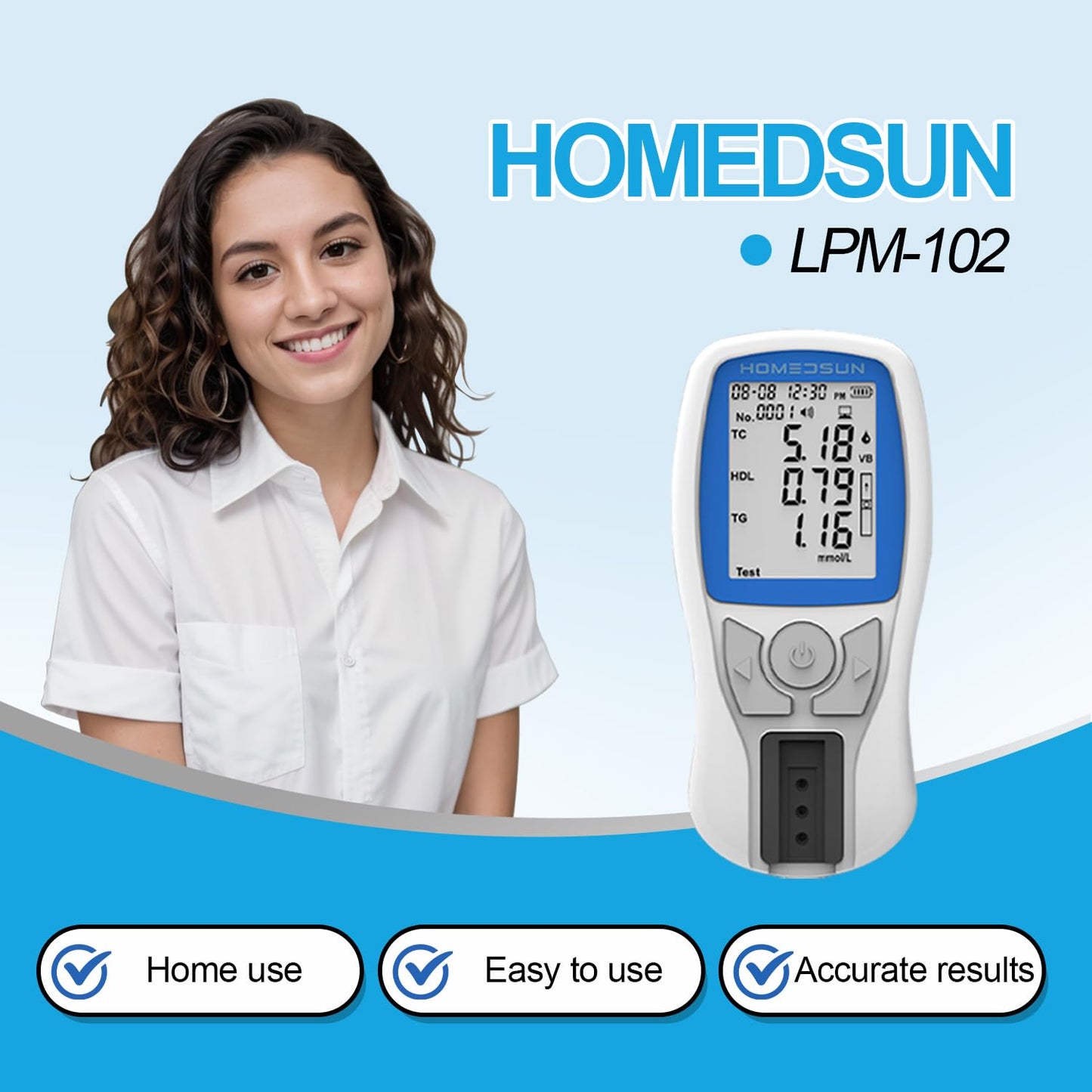 HOMEDSUN HSLPM-102 Portable Cholesterol Testing Kit – 4-in-1 Lipid Analyzer (TC/HDL/LDL/Triglycerides)
