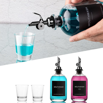 HomeFeel Black Glass Mouthwash Dispenser with Cups – 12.7 oz, 2 Pack | Stainless Steel Spout