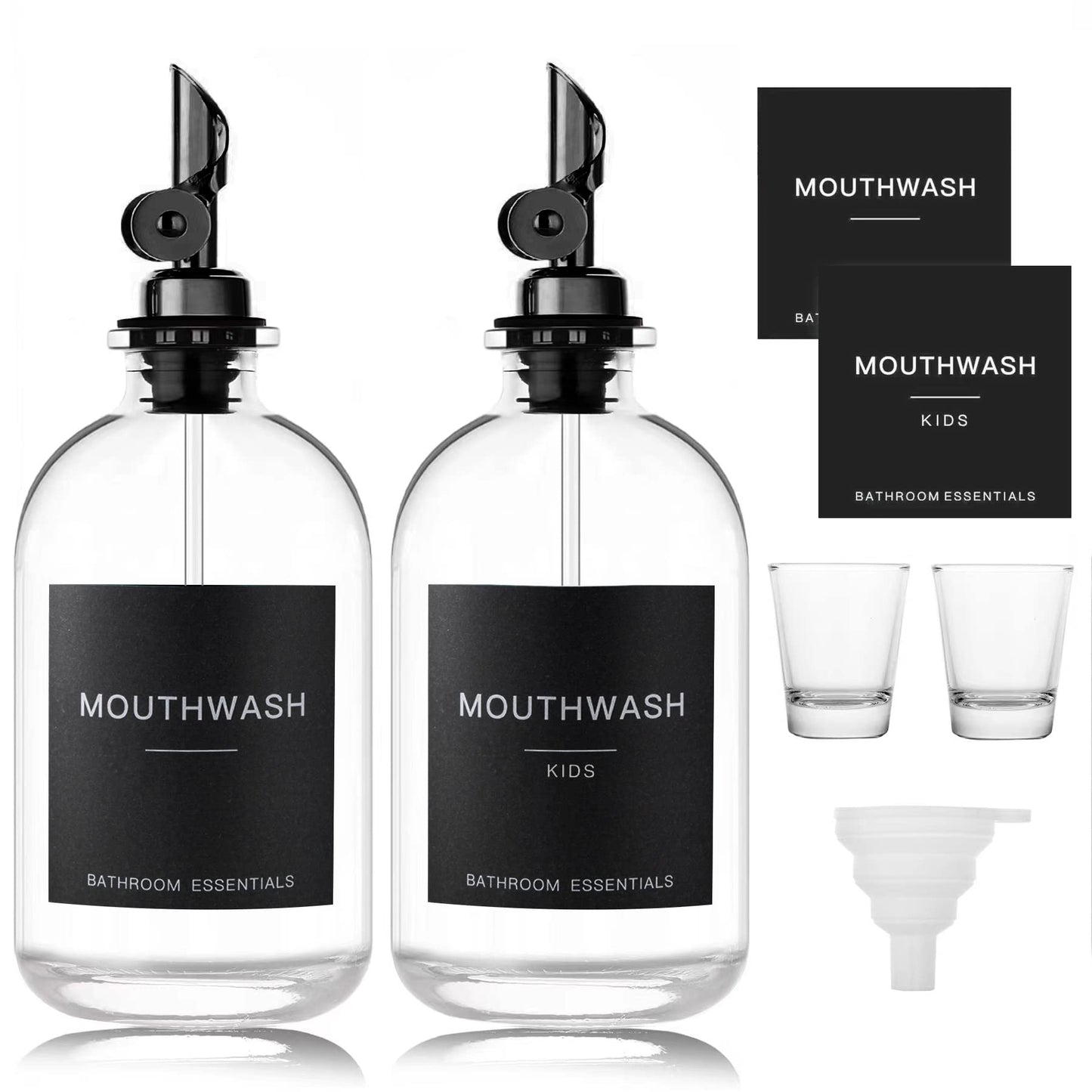 HomeFeel Black Glass Mouthwash Dispenser with Cups – 12.7 oz, 2 Pack | Stainless Steel Spout