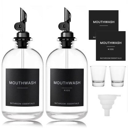 HomeFeel Black Glass Mouthwash Dispenser with Cups – 12.7 oz, 2 Pack | Stainless Steel Spout