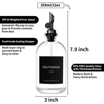 HomeFeel Black Glass Mouthwash Dispenser with Cups – 12.7 oz, 2 Pack | Stainless Steel Spout