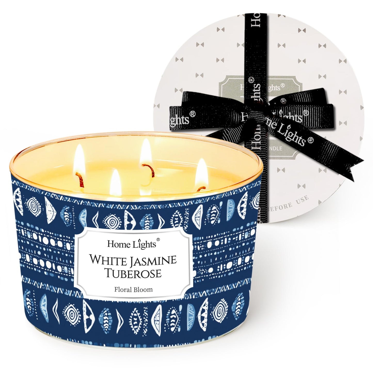 HomeLights 18oz Scented Candle | 4-Wick Aromatherapy Jar – White Jasmine Tuberose, Bohemian Home Decor & Gift