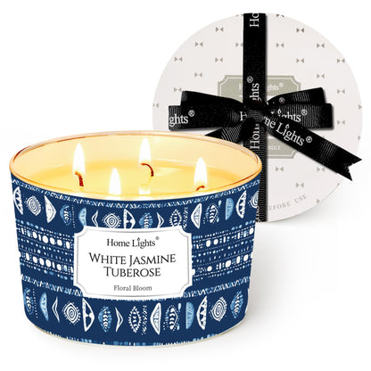 HomeLights 18oz Scented Candle | 4-Wick Aromatherapy Jar – White Jasmine Tuberose, Bohemian Home Decor & Gift