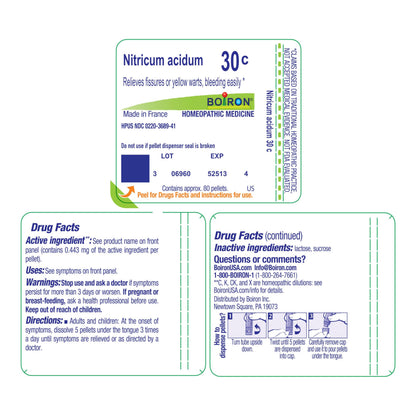Boiron Nitricum Acidum 30C – Homeopathic Medicine for Fissures & Yellow Warts (Bleeding Easily) – 80 Pellets