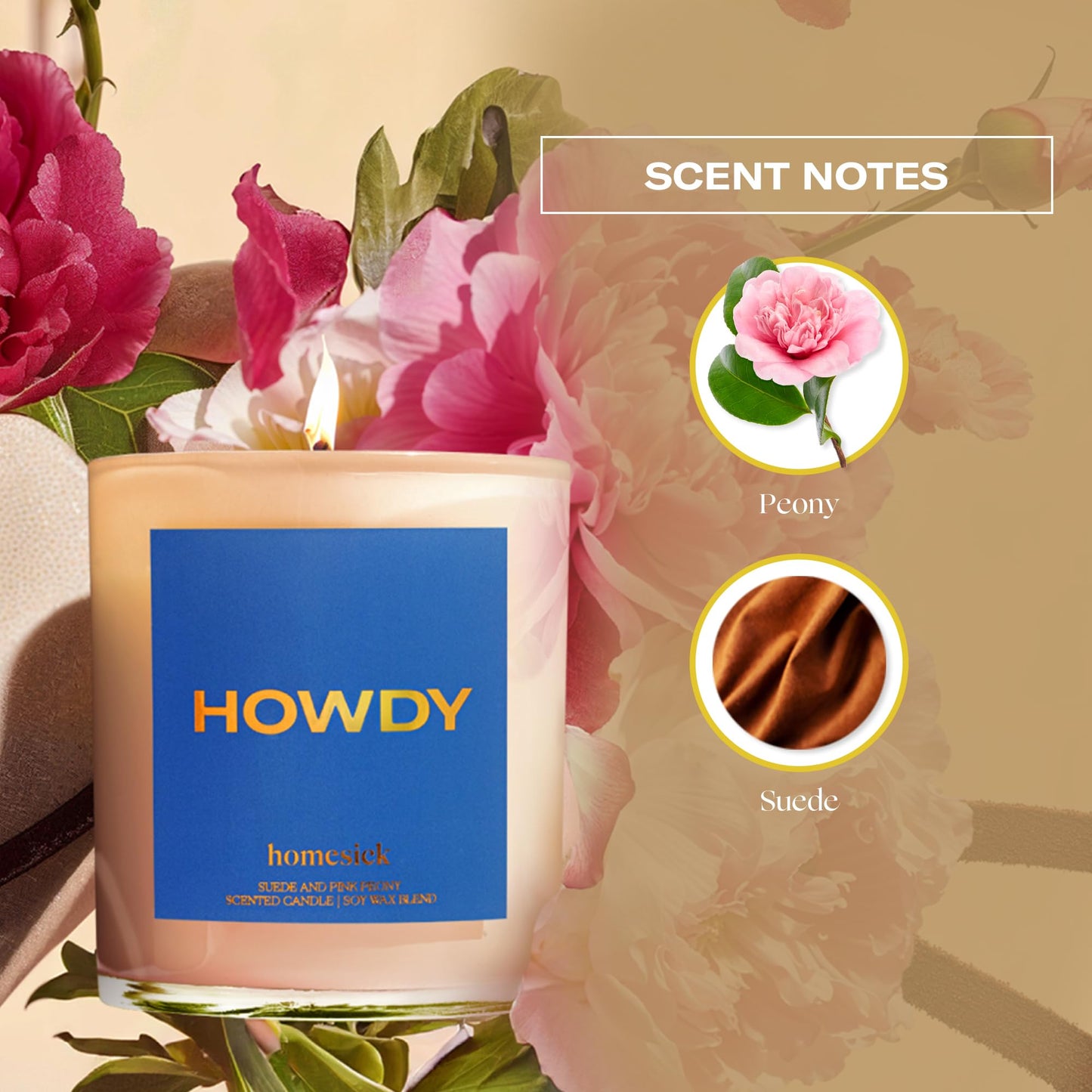 Homesick Howdy 7.5oz Candle – Pink Peony & Suede (Natural Soy Wax)