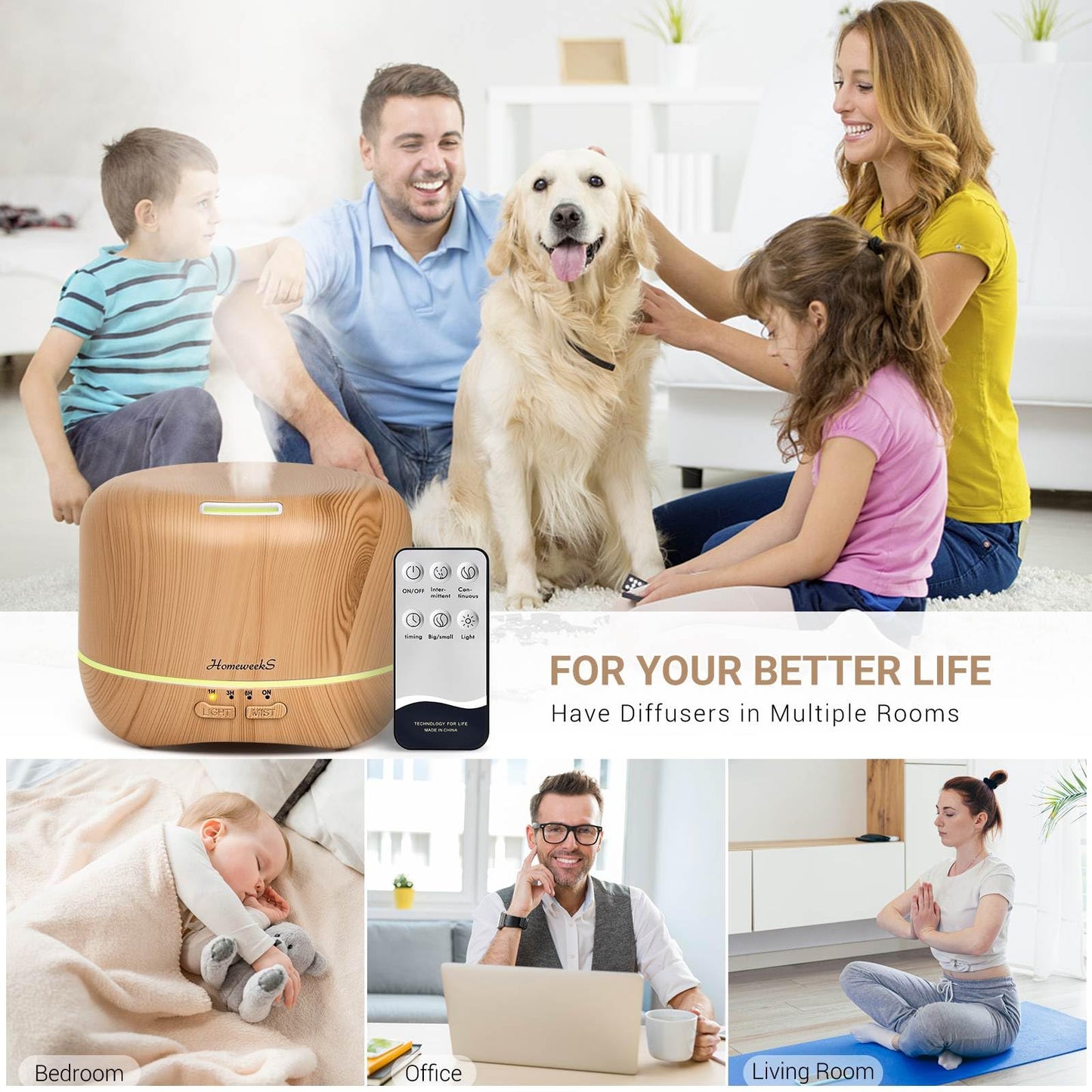 Homeweeks 300ml Essential Oil Diffuser – Quiet Ultrasonic Mist, Remote, 7-Color Light, Wood Grain
