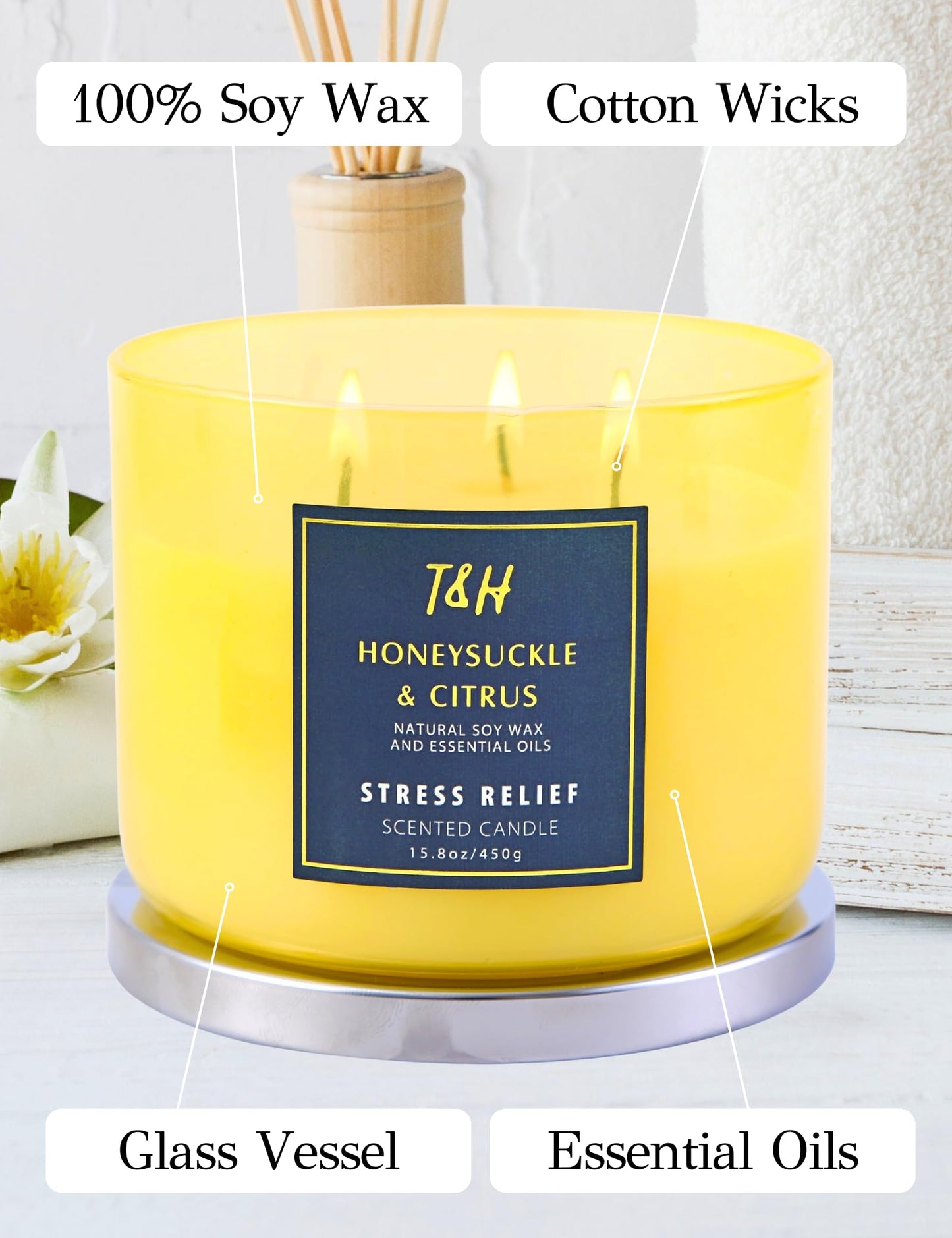 Honeysuckle Citrus Grapefruit 3-Wick Soy Candle - 15.8 oz | Aromatherapy Home Candle | Long-Lasting Clean Burn | Stress Relief Gift