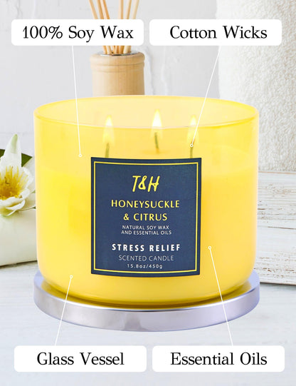 Honeysuckle Citrus Grapefruit 3-Wick Soy Candle - 15.8 oz | Aromatherapy Home Candle | Long-Lasting Clean Burn | Stress Relief Gift
