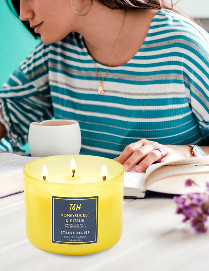 Honeysuckle Citrus Grapefruit 3-Wick Soy Candle - 15.8 oz | Aromatherapy Home Candle | Long-Lasting Clean Burn | Stress Relief Gift
