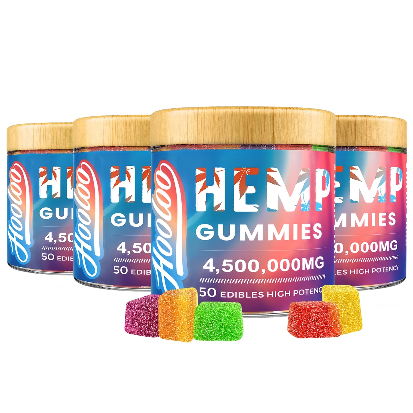 HOOLOO Hemp Gummies Extra Strength for Adults – 6 Flavors, Omega 3, USA Made (Pack of 4)