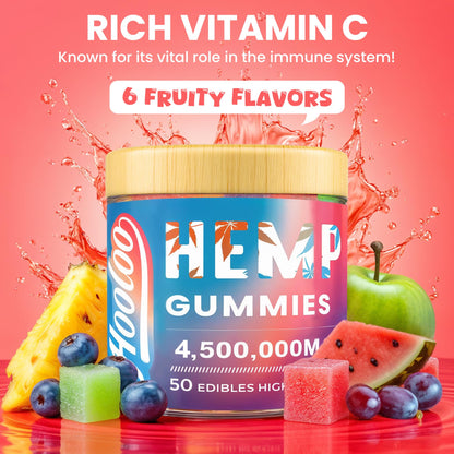 HOOLOO Hemp Gummies Extra Strength for Adults – 6 Flavors, Omega 3, USA Made (Pack of 4)