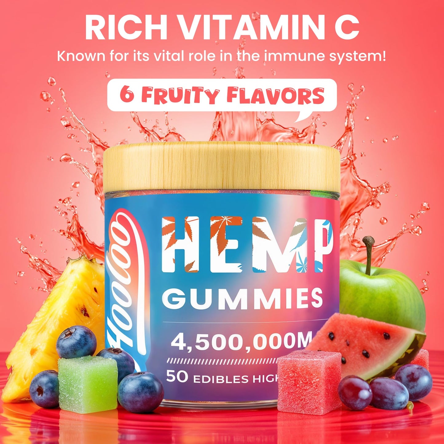 HOOLOO Hemp Gummies Extra Strength for Adults – 6 Flavors, Omega 3, USA Made (Pack of 4)