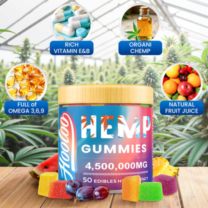 HOOLOO Hemp Gummies Extra Strength for Adults – 6 Flavors, Omega 3, USA Made (Pack of 4)