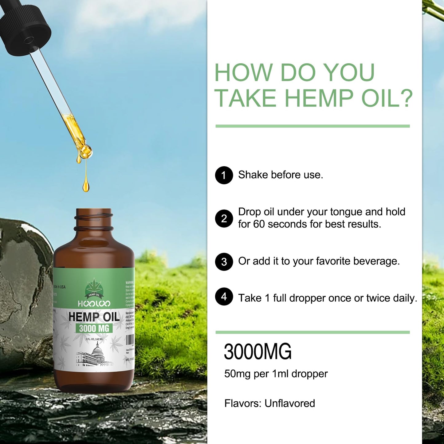 HOOLOO Hemp Oil 3000MG for Adults – Bedtime Support, Joint Relief | Allergen Free, 2 oz, Made in USA