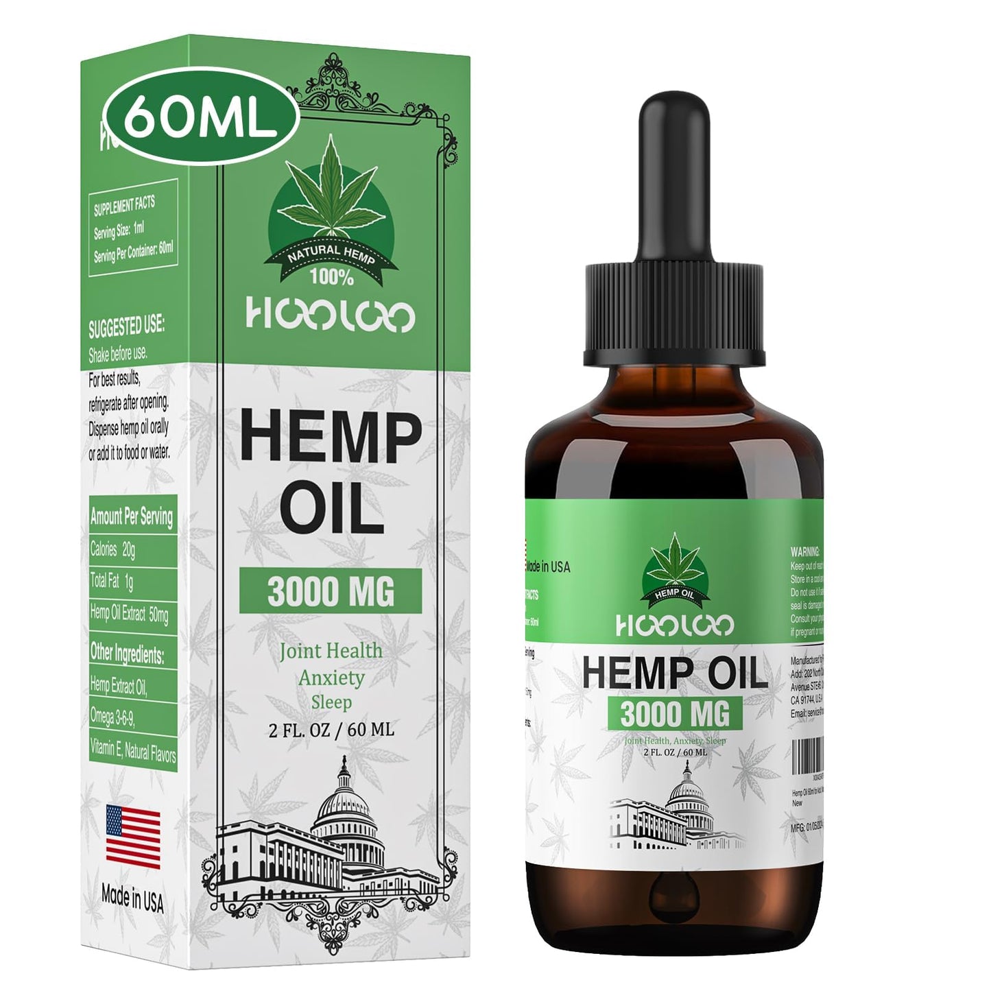 HOOLOO Hemp Oil 3000MG for Adults – Bedtime Support, Joint Relief | Allergen Free, 2 oz, Made in USA