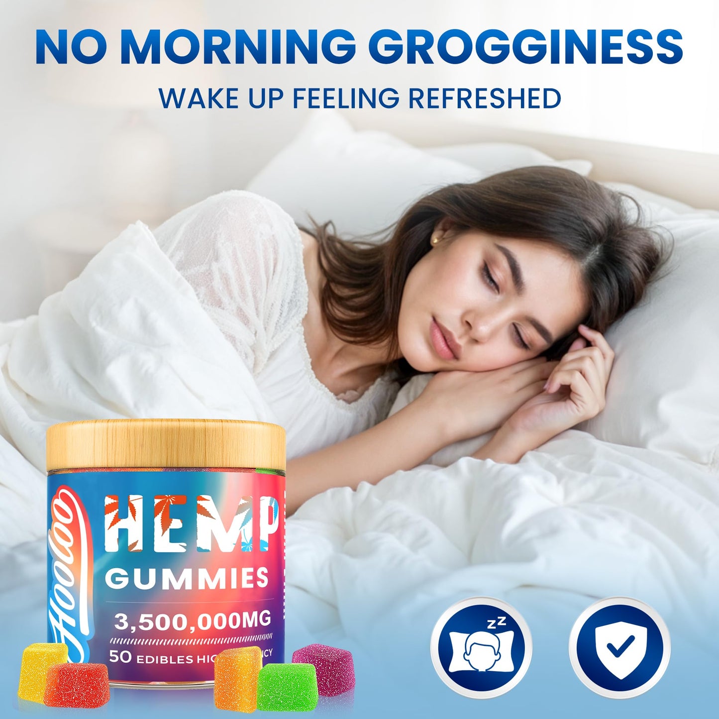 HOOLOO Hemp Gummies Big Cubes Extra Strength for Bedtime Support, Unwind, 2 Packs, 6 Fruity Flavors Chewable Hemp Gummy Vitamins for Adults, Made in USA