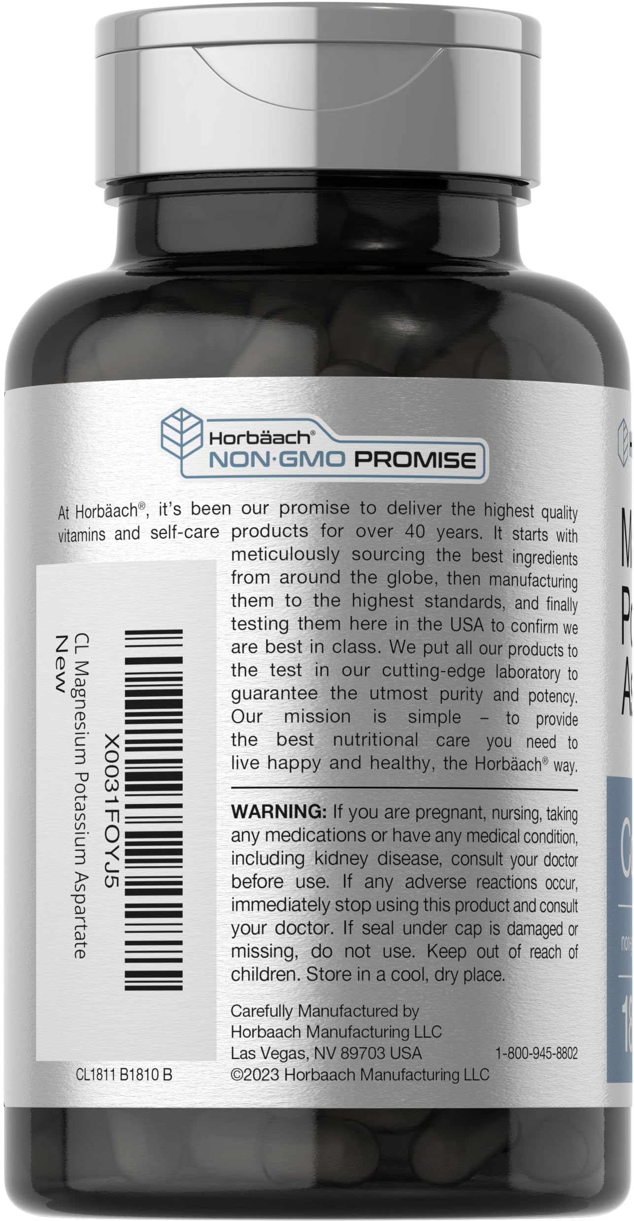 Horbäach Magnesium Potassium Aspartate Complex | 180 Capsules | Non-GMO & Gluten Free Formula