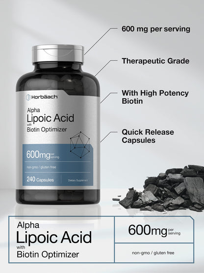 Horbäach Alpha Lipoic Acid 600mg + Biotin Optimizer – 240 Capsules (Pack of 2) | Gluten Free, Non-GMO