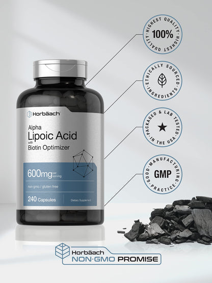 Horbäach Alpha Lipoic Acid 600mg + Biotin Optimizer – 240 Capsules (Pack of 2) | Gluten Free, Non-GMO