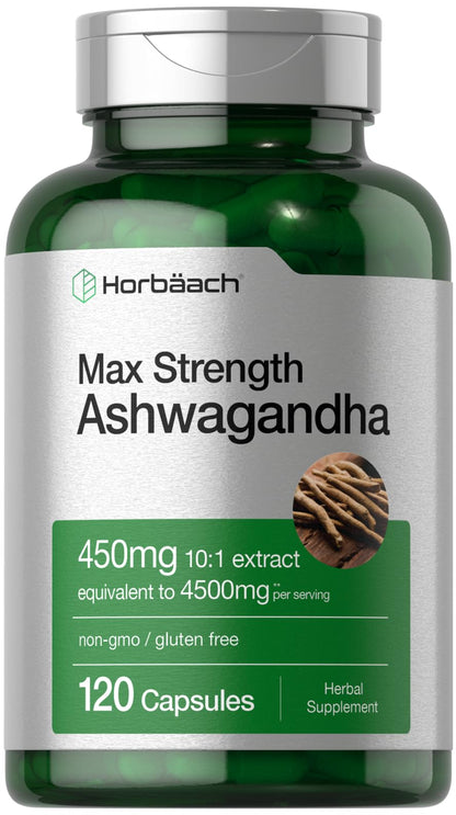 Horbäach Ashwagandha Supplement | Max Strength, 120 Capsules | Non-GMO & Gluten Free