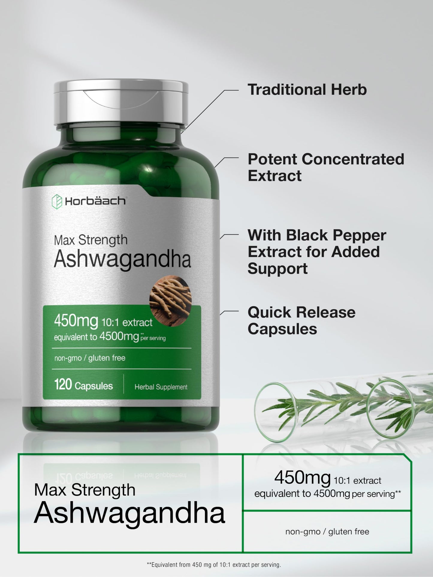 Horbäach Ashwagandha Supplement – Max Strength – 120 Capsules (Pack of 2)