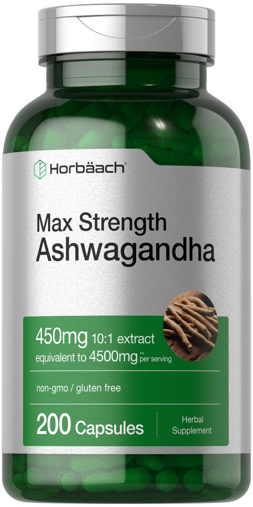 Horbäach Ashwagandha Supplement | Max Strength 200 Capsules | Non-GMO, Gluten Free | For Women and Men
