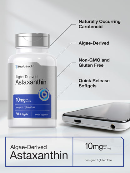 Horbäach Astaxanthin 10mg – 60 Softgels | Algae-Derived, Non-GMO, Gluten Free