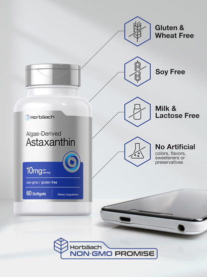 Horbäach Astaxanthin 10mg – 60 Softgels | Algae-Derived, Non-GMO, Gluten Free