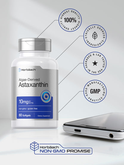 Horbäach Astaxanthin 10mg – 60 Softgels | Algae-Derived, Non-GMO, Gluten Free