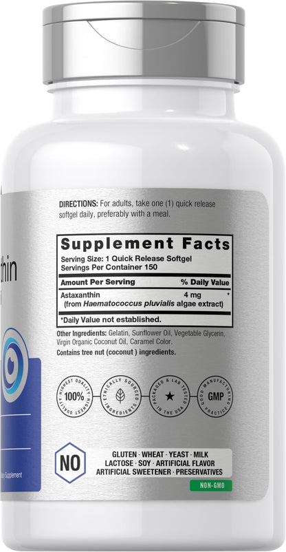 Horbäach Astaxanthin 4mg – 150 Softgels | Microalgae-Derived with Coconut Oil | Non-GMO, Gluten & Soy Free