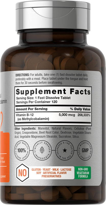 Horbäach B12 5000 mcg – 120 Fast Dissolve Sublingual Tablets (Vegetarian, Non-GMO, Gluten Free)