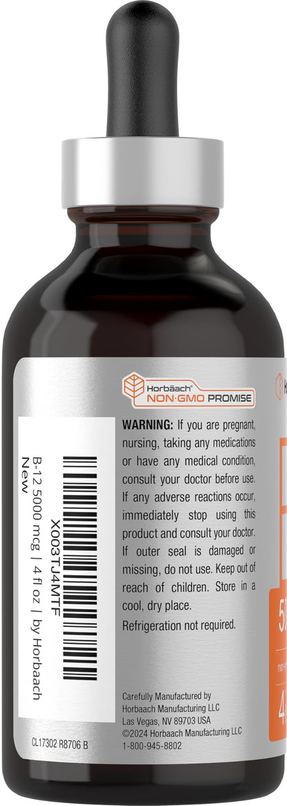 Horbaach B12 Vitamin 5000 mcg Sublingual Berry Flavor | 4 Fl Oz | Methylcobalamin & Cyanocobalamin | Non-GMO & Gluten Free